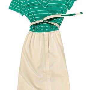 Green Striped V-Neck Top with Cream Skirt and Belt
